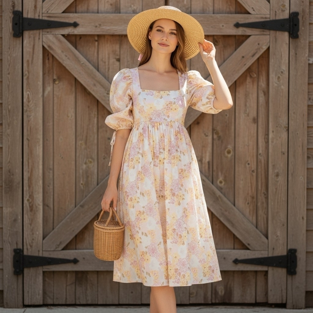 For Love And Lemons Carrie Floral Milkmaid Style Midi Dress With Puff Sleeves